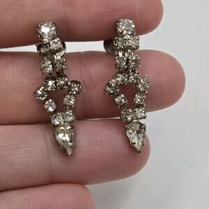 Vintage Rhinestone Earrings Screw Back Silver Tone Romantic Dangle Formal Glam